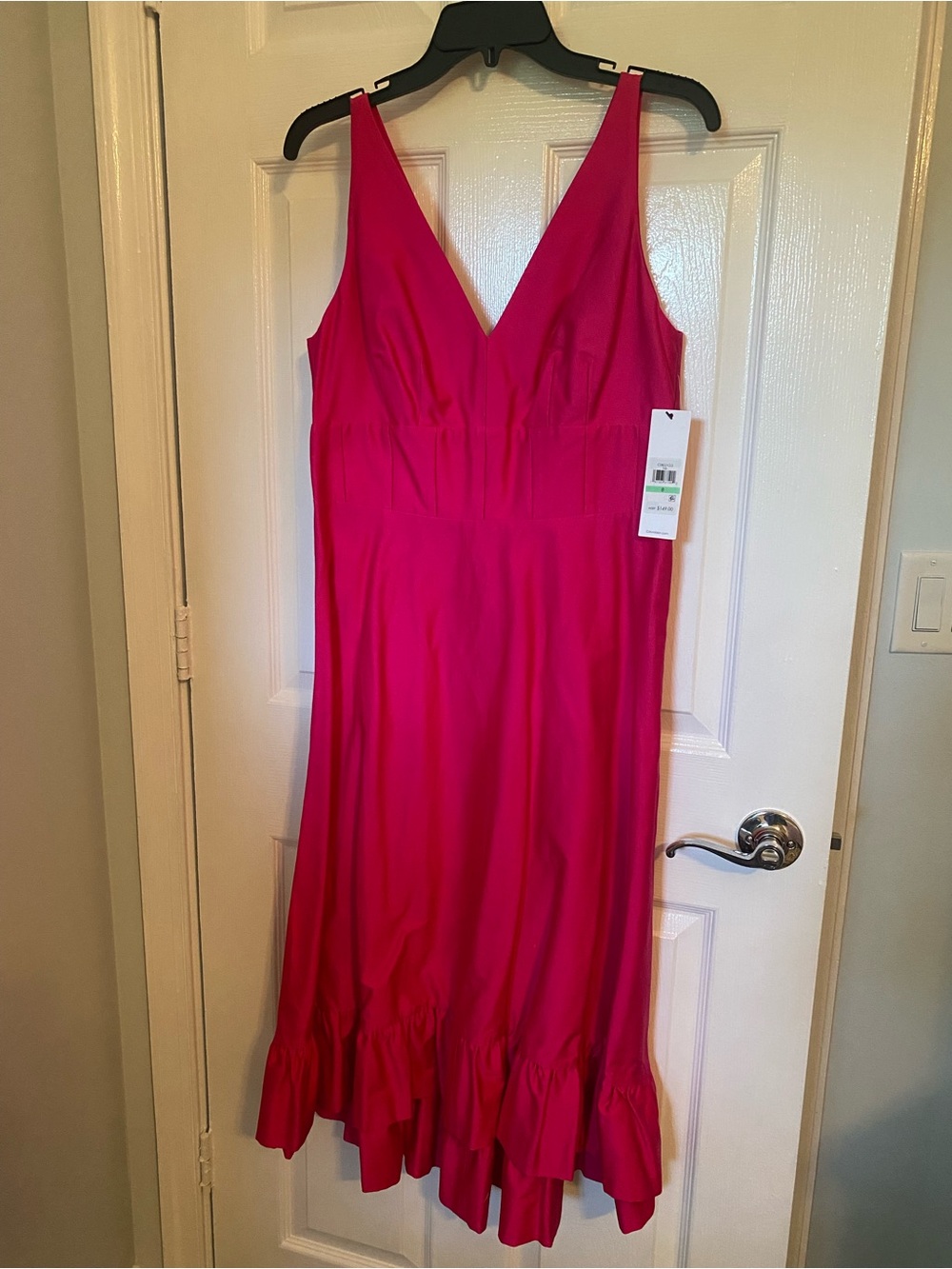 Calvin Klein Hot Pink V-Neck Ruffled Hem Midi Dress